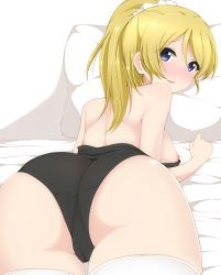Rule 34 | 10s, 1girl, ass, ayase eli, bad id, bad pixiv id, blonde hair, blue eyes, blush, breasts, cameltoe, chimunge, female focus, highres, large breasts, leotard, leotard pull, long hair, looking at viewer, looking back, love live!, love live! school idol project, lying, nipples, on stomach, open mouth, pillow, ponytail, scrunchie, sideboob, solo, thighhighs, white thighhighs