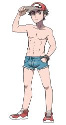 Rule 34 | 1boy, abs, bulge, creatures (company), crotch, full body, game freak, highres, male focus, muscular, nintendo, pokemon, pokemon sm, red (pokemon), red (pokemon sm), solo, tagme, topless male