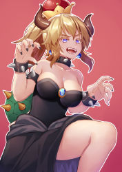 Rule 34 | 1girl, armlet, bad id, bad pixiv id, bare shoulders, black dress, blonde hair, blue eyes, bowsette, bracelet, breasts, claw pose, cleavage, collar, collarbone, colored eyelashes, dress, fingernails, horns, jewelry, kibanda gohan, large breasts, leg up, long hair, mario (series), nail polish, new super mario bros. u deluxe, nintendo, open mouth, outline, ponytail, red background, sharp fingernails, sharp teeth, simple background, solo, spiked armlet, spiked bracelet, spiked collar, spiked shell, spikes, strapless, strapless dress, super crown, teeth