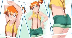 Rule 34 | 1girl, armpits, arms up, ass, asymmetrical hair, blush, breasts, creatures (company), denim, denim shorts, game freak, gen 1 pokemon, green eyes, green shorts, kakkii, legs, looking at another, looking at viewer, misty (pokemon), navel, nintendo, orange hair, pokemon, pokemon (anime), pokemon (classic anime), pokemon rgby, ponytail, shirt, short shorts, shorts, side ponytail, smile, suspenders, sweat, sweatdrop, takaya n, tank top, thighs, underboob, yellow shirt, yellow tank top