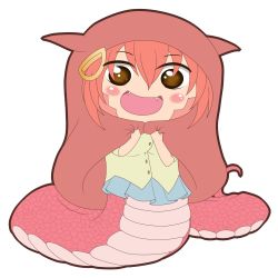 Rule 34 | 1girl, :d, animal hood, blush stickers, brown eyes, chibi, commentary, english commentary, fangs, full body, hair ornament, hairclip, highres, himouto! umaru-chan, hood, komaru (himouto! umaru-chan), lamia, miia (monster musume), monster girl, monster musume no iru nichijou, open mouth, parody, red hair, scales, smile, solo, staticwave, style parody, transparent background