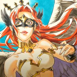 Rule 34 | 1girl, animification, bra, bracer, breasts, cleavage, collarbone, commentary, commission, cosplay, dc comics, domino mask, earrings, english commentary, fate/grand order, fate (series), floating hair, green eyes, hawkgirl, highres, hoop earrings, ishtar (fate), ishtar (fate) (cosplay), jewelry, long hair, looking at viewer, marker (medium), mask, medium breasts, open hand, portrait, red hair, smile, solo, tateo retsu, traditional media, underwear, white bra