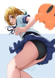 Rule 34 | ass, back, black one-piece swimsuit, blue background, blue sailor collar, blue skirt, blush, brown eyes, brown hair, crab, dated, highres, kantai collection, looking back, oboro (kancolle), one-piece swimsuit, open mouth, sailor collar, school uniform, serafuku, shirt, short hair, short sleeves, skirt, swimsuit, swimsuit under clothes, twitter username, umibudou, white shirt
