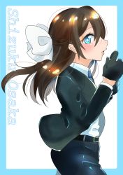 Rule 34 | 1girl, adjusting clothes, adjusting gloves, aqua border, aqua eyes, artist name, artist request, belt, black belt, black cardigan, black gloves, black jacket, black pants, blue eyes, blue necktie, blush, border, bow, breasts, brown hair, cardigan, collared shirt, female focus, floating hair, formal, gloves, hair between eyes, hair bow, half updo, high ponytail, highres, jacket, long hair, looking at viewer, looking to the side, love live!, love live! nijigasaki high school idol club, necktie, office lady, osaka shizuku, pant suit, pants, parted lips, pink lips, ponytail, shirt, smile, solo, suit, suit jacket, wavy hair, white background, white bow, white shirt
