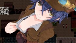Rule 34 | 1girl, belt, belt buckle, blue hair, blush, breasts, buckle, closed mouth, clymenia2, collarbone, detective girl steam city, flat chest, game cg, goggles, goggles on headwear, hat, looking at viewer, nipples, one breast out, pulled by self, short hair, small breasts, solo focus, sophie (detective girl steam city), sophie winters, tomboy, upper body, yellow eyes