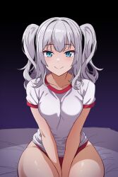 Rule 34 | 1girl, absurdres, alternate costume, batta 16-sei, between legs, blue eyes, breasts, buruma, closed mouth, commentary request, grey hair, gym shirt, gym uniform, hand between legs, highres, kantai collection, kashima (kancolle), large breasts, long hair, red buruma, red trim, shirt, short sleeves, sidelocks, sitting, smile, solo, tsurime, twintails, wavy hair, white shirt