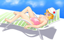 Rule 34 | 1girl, :3, arrow (symbol), bad id, bad pixiv id, barefoot, beach chair, between breasts, blonde hair, blue eyes, breasts, breasts out, chair, competition swimsuit, hariken polymar, hat, highres, large breasts, looking at viewer, lounge chair, lying, namba teru, nipples, one-piece swimsuit, open mouth, puffy nipples, shiny skin, shoko (moccom), short hair, smile, solo, sunglasses, swimsuit