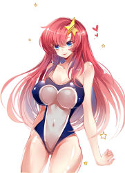 Rule 34 | 1girl, absurdres, bad id, bad pixiv id, baocaizi, blue eyes, blush, breasts, center opening, cleavage, covered erect nipples, fishnet swimsuit, gundam, gundam seed, gundam seed destiny, hair ornament, highres, impossible clothes, impossible swimsuit, large breasts, long hair, looking at viewer, meer campbell, navel, one-piece swimsuit, pink hair, smile, solo, star (symbol), star hair ornament, swimsuit