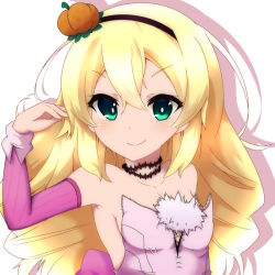 Rule 34 | 1girl, blonde hair, blush, choker, detached sleeves, dungeon travelers 2, erthuricia vitor de ritzhevin, food-themed hair ornament, green eyes, hair ornament, hairband, pumpkin, pumpkin hair ornament, simple background, solo, swscout1222, white background