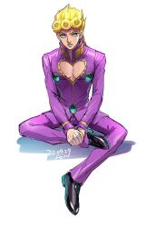Rule 34 | 1boy, black footwear, blonde hair, blue eyes, cleavage cutout, closed mouth, clothing cutout, dated, earrings, eyelashes, fon-due (fonfon), full body, giorno giovanna, jacket, jewelry, jojo no kimyou na bouken, lips, long sleeves, looking at viewer, male focus, pants, pectoral cleavage, pectorals, purple jacket, purple pants, short hair, sitting, solo, vento aureo