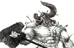 Rule 34 | 1boy, abs, armor, arrow (projectile), axe, ballpoint pen (medium), bleeding, blood, broken arrow, broken horn, collarbone, extra eyes, greyscale, hatching (texture), helmet, holding, holding axe, holding weapon, horns, injury, male focus, monochrome, monster, muscular, original, topless male, simple background, sister plz, solo, traditional media, upper body, weapon, white background