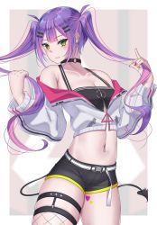 Rule 34 | 1girl, badge, barbell piercing, belt, black choker, black shorts, blunt bangs, blush, breasts, button badge, choker, cleavage, demon tail, ear piercing, fishnet thighhighs, fishnets, grabbing, green eyes, hair ornament, hairclip, hand in own hair, heart, heart tattoo, highres, himeliofon, hololive, industrial piercing, jacket, long sleeves, multicolored hair, nail polish, navel, navel piercing, o-ring, o-ring choker, off-shoulder jacket, off shoulder, piercing, shorts, sidelocks, single thighhigh, small breasts, smile, solo, tail, tattoo, thigh strap, thighhighs, tokoyami towa, twintails, two-tone hair, virtual youtuber, white jacket, zipper, zipper pull tab