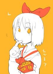 Rule 34 | 1girl, annaka haruna, bow, eating, finger in own mouth, food, hair bow, looking at viewer, masha, monochrome, neckerchief, nichijou, pocky, red bow, sailor collar, school uniform, short hair, simple background, solo, spot color, tokisadame school uniform, translation request, yellow background, yellow eyes