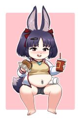 Rule 34 | 1girl, animal ear fluff, animal ears, artist request, barefoot, belly grab, blush, border, bow, breasts, buck teeth, character request, drink, fat, food, full body, gloves, hair bow, hair ornament, hairclip, holding, holding drink, holding food, jacket, jewelry, long sleeves, looking at viewer, magatama, medium breasts, medium hair, navel, navel piercing, necklace, open clothes, open jacket, outline, outside border, parted bangs, piercing, pink background, red eyes, short shorts, shorts, simple background, solo, tail, tareme, teeth, thick thighs, thighs, two side up, white border, white gloves, white jacket