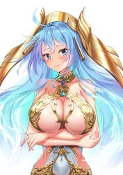 Rule 34 | 1girl, ahoge, bare arms, bare shoulders, blue eyes, blue hair, blush, breast hold, breasts, cleavage, cleavage cutout, closed mouth, clothing cutout, collarbone, covered navel, crossed arms, hair ornament, halterneck, head tilt, highres, large breasts, looking at viewer, pdxen, simple background, smile, solo, straight hair, striped, tower of saviors, upper body, vertical stripes, white background