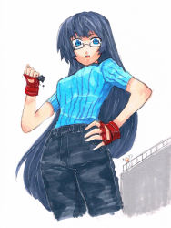 Rule 34 | 1boy, 1girl, blue eyes, building, denim, from below, furinpurin (arukari), giant, giantess, glasses, gloves, hand on own hip, highres, jeans, long hair, open mouth, pants, rooftop, sweater, waving arm