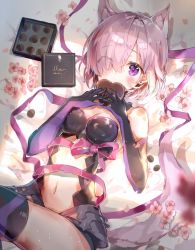 Rule 34 | 1girl, animal ears, armor, armored dress, b rock, bad id, bad twitter id, blush, breasts, chocolate, commentary request, covering own mouth, earrings, elbow gloves, eyes visible through hair, fate/grand order, fate (series), feet out of frame, flower, gloves, hair over one eye, highres, jewelry, looking at viewer, lying, mash kyrielight, mash kyrielight (dangerous beast), medium breasts, navel, official alternate costume, on back, on bed, pink hair, purple eyes, purple gloves, purple thighhighs, solo, tail, thighhighs, wolf ears, wolf tail