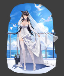 Rule 34 | 1girl, absurdres, alternate costume, animal ears, atago (azur lane), atago (lily-white vow) (azur lane), azur lane, bare shoulders, bird, black hair, breasts, bridal gauntlets, bridal veil, cleavage, dress, elbow gloves, extra ears, full body, gloves, high heels, highres, large breasts, long hair, looking at viewer, lopy, official alternate costume, outdoors, see-through, shoes, skindentation, skirt hold, sleeveless, sleeveless dress, taut clothes, thighhighs, thighs, turret, veil, water, wedding dress, white bird, white dress, white footwear, white gloves, white thighhighs, yellow eyes
