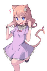 Rule 34 | 1girl, :d, animal ear fluff, animal ears, blue eyes, breasts, cat ears, cat girl, cat tail, child, dress, frilled dress, frills, hands up, highres, long hair, looking at viewer, open mouth, original, pink hair, purple dress, ribbon, saiste, short sleeves, simple background, small breasts, smile, solo, standing, standing on one leg, tail, tail ornament, tail ribbon, white background, wristband