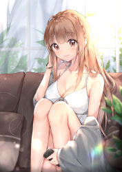 Rule 34 | 1girl, bad id, bad pixiv id, bangle, bare legs, bare shoulders, bracelet, braid, breasts, brown eyes, brown hair, camisole, cleavage, closed mouth, collarbone, commentary request, couch, cuna (qunya), curtains, day, glint, grey jacket, halterneck, hand up, highres, holding, holding phone, jacket, jewelry, knees up, large breasts, lens flare, light particles, long hair, looking at viewer, off shoulder, on couch, original, phone, sidelocks, sitting, smile, solo, spaghetti strap, sunlight, thighs, transparent, window