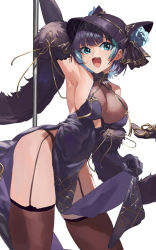 Rule 34 | 1girl, absurdres, animal ears, aqua eyes, arm up, armpits, azur lane, black headwear, breasts, brown thighhighs, cheshire (azur lane), cheshire (cait sith crooner) (azur lane), china dress, chinese clothes, cleavage, clothes lift, dress, dress lift, elbow gloves, fake animal ears, feather boa, feipin zhanshi, fur trim, garter straps, gloves, grey hair, highres, large breasts, looking at viewer, multicolored hair, official alternate costume, open mouth, purple dress, purple gloves, see-through, see-through cleavage, short hair, simple background, smile, solo, speaker, streaked hair, thighhighs, white background