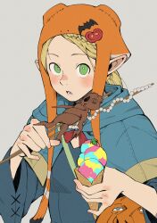Rule 34 | 1girl, absurdres, adapted costume, animal hood, bat ornament, blonde hair, blue capelet, blue eyes, blue robe, blush, braid, braided bangs, bug, capelet, dungeon meshi, eating, elf, food, food-themed hat ornament, frog hood, green eyes, grey background, halloween costume, hashtag only commentary, hat ornament, highres, holding, holding food, holding ice cream, holding skewer, hood, hood down, hooded capelet, ice cream, long hair, long sleeves, looking at viewer, mandrake, marcille donato, open mouth, orange headwear, parted bangs, pelt, pinky out, pointy ears, ponytail, pumpkin, quadruple scoop, r bishh, robe, simple background, skewer, solo, tomato, tomato slice, upper body