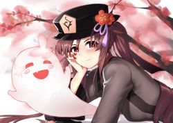 Rule 34 | 1girl, absurdres, arm support, black hair, black nails, cherry blossoms, chinese clothes, commentary request, flower, genshin impact, ghost, hair between eyes, hat, hat flower, hat ornament, head rest, highres, hu tao (genshin impact), long hair, long sleeves, looking at viewer, lying, nail polish, on stomach, red eyes, sidelocks, smile, symbol-shaped pupils, yuking