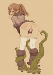 Rule 34 | 1girl, anus, ass, bar censor, black gloves, blunt bangs, blush, boots, branch (blackrabbits), brown eyes, brown hair, censored, consensual tentacles, cryomancer (tree of savior), female focus, from behind, full body, fur trim, gloves, kneepits, leaning forward, long hair, looking back, open mouth, panties, panty pull, plant, ponytail, presenting, pussy, side-tie panties, solo, spread pussy, tentacles, thighhighs, thorns, tree of savior, underwear, vines, white panties, white thighhighs