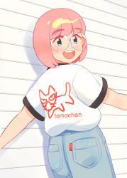 Rule 34 | 1girl, absurdres, aragon honnin, bob cut, denim, from behind, glasses, highres, jeans, looking at viewer, looking back, open mouth, original, outstretched arms, pants, pink hair, print shirt, round eyewear, shadow, shirt, shirt tucked in, short hair, smile, solo, white shirt