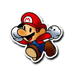 Rule 34 | 0 0, 1boy, arms up, black eyes, blue overalls, brown footwear, brown hair, character cutout, clenched hands, clothes writing, facial hair, from side, full body, gloves, happy, hat, long sleeves, male focus, mario, mario (series), mustache, nintendo, official style, open mouth, outline, outstretched arm, overalls, paper mario, red hat, red shirt, running, shirt, shoes, short hair, smile, solo, vilepluff, white gloves, white outline