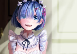 Rule 34 | 10s, 1girl, blue eyes, blue hair, breasts, cleavage, crying, crying with eyes open, eyes visible through hair, hair ornament, hair over one eye, large breasts, looking at viewer, maid, maid headdress, parted lips, re:zero kara hajimeru isekai seikatsu, rem (re:zero), short hair, smile, solo, tears, tomu (zundaizu106), x hair ornament