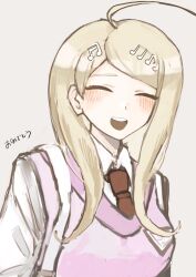 Rule 34 | 1girl, :d, ahoge, akamatsu kaede, backpack, bag, blonde hair, blush, breasts, closed eyes, collared shirt, danganronpa (series), danganronpa v3: killing harmony, highres, large breasts, long hair, necktie, open mouth, pink sweater vest, red necktie, shirt, simple background, smile, solo, sweater vest, translated, upper body, white shirt, yuni ro