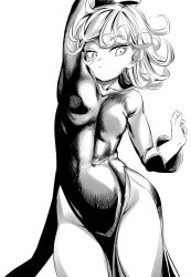 Rule 34 | 1girl, arm over head, arm up, bare legs, breasts, contrapposto, covered navel, cowboy shot, curly hair, dress, greyscale, groin, highres, monochrome, one-punch man, pelvic curtain, rom (20), small breasts, solo, tatsumaki, wide hips