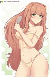 Rule 34 | 1girl, :t, absurdres, artist name, babydoll, bare shoulders, breasts, brown hair, brushing hair, brushing own hair, camisole, cleavage, collarbone, commentary, cowboy shot, doki doki literature club, english commentary, green eyes, groin, hair brush, hair down, highres, large breasts, long hair, looking at viewer, monika (doki doki literature club), navel, panties, patreon username, pout, raion (raionart), simple background, solo, spaghetti strap, stomach, strap slip, underwear, underwear only, very long hair, yellow camisole, yellow panties