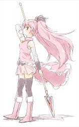 Rule 34 | 10s, 1girl, bare shoulders, black thighhighs, boots, blowing bubbles, hairband, kannari, long hair, mahou shoujo madoka magica, mahou shoujo madoka magica (anime), polearm, ponytail, red eyes, red hair, sakura kyoko, skirt, solo, spear, thighhighs, weapon