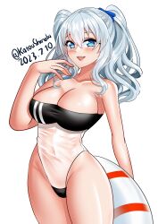 Rule 34 | 1girl, absurdres, bare shoulders, blue eyes, breasts, cleavage, commentary, cowboy shot, dated, english commentary, grey hair, highres, innertube, kantai collection, kashima (kancolle), katou shinobu, large breasts, one-piece swimsuit, see-through, see-through one-piece swimsuit, simple background, swim ring, swimsuit, twintails, twitter username, wavy hair, white background