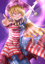 Rule 34 | 1girl, absurdres, american flag dress, american flag legwear, arm up, blonde hair, breasts, clownpiece, commentary request, cowboy shot, fairy wings, hat, highres, holding, jester cap, long hair, looking at viewer, mahoro (minase mahoro), nail polish, neck ruff, pantyhose, pink eyes, pointing, pointing at viewer, purple background, purple hat, purple nails, shiny clothes, shiny legwear, small breasts, solo, striped clothes, striped pantyhose, teeth, touhou, very long hair, wings