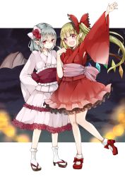 Rule 34 | 2girls, alternate costume, bat wings, blonde hair, blunt bangs, bow, child, closed mouth, commentary request, fang, fang out, flandre scarlet, flower, hair bow, hair flower, hair ornament, high heels, highres, japanese clothes, kimono, lolita fashion, long hair, long sleeves, looking at viewer, mimoto (aszxdfcv), multiple girls, open mouth, pink kimono, pointy ears, red bow, red eyes, red flower, red footwear, red kimono, red rose, remilia scarlet, rose, sandals, sash, shoes, silver hair, smile, socks, standing, standing on one leg, touhou, wa lolita, white legwear, wide sleeves, wings, yukata