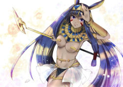 Rule 34 | 1girl, akatsuki sagi, animal ears, arm up, bangle, bracelet, breasts, cleavage, dark-skinned female, dark skin, earrings, egyptian, egyptian clothes, facial mark, fate/grand order, fate (series), highres, holding, holding staff, hoop earrings, jackal ears, jewelry, long hair, looking at viewer, medium breasts, navel, nitocris (fate), nitocris (third ascension) (fate), purple eyes, purple hair, revealing clothes, sidelocks, skindentation, smile, solo, staff, twitter username, very long hair