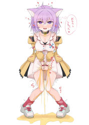Rule 34 | 1girl, ahoge, animal ear fluff, animal ears, bare shoulders, between legs, blue footwear, blush, breasts, breath, buttons, cat ears, cat girl, cleavage, coat, collar, collarbone, covered erect nipples, cross-laced footwear, crossed bangs, dress, fang, female focus, full body, half-closed eyes, hand between legs, happy, have to pee, heart, heart-shaped pupils, highres, hololive, inugami korone, inugami korone (1st costume), japanese text, large breasts, leaning forward, long sleeves, looking at viewer, matching hair/eyes, nekomata okayu, nose blush, off shoulder, open clothes, open coat, open mouth, own hands together, pee, peeing, peeing self, pigeon-toed, pocket, puddle, purple eyes, purple hair, red socks, saliva, shoes, short dress, short hair, sidelocks, simple background, sinasimu, sinasimu4746, sleeveless, sleeveless dress, smile, sneakers, socks, solo, standing, straight-on, sweat, symbol-shaped pupils, thought bubble, translation request, trembling, v arms, virtual youtuber, wet, wet clothes, white background, white dress, wristband, yellow coat