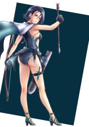 Rule 34 | 1girl, aduti momoyama, arrow (projectile), ass, asymmetrical bangs, black gloves, blue hair, blue one-piece swimsuit, bow (weapon), cape, closed mouth, dagger, earrings, fire emblem, fire emblem: three houses, from behind, gloves, high heels, highres, holding, holding arrow, holding bow (weapon), holding polearm, holding spear, holding weapon, jewelry, knife, looking back, nintendo, one-piece swimsuit, polearm, purple eyes, quiver, shamir nevrand, simple background, solo, spear, swimsuit, weapon, white background