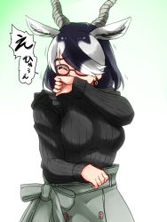 Rule 34 | &gt; &lt;, 1girl, antelope ears, antelope horns, black hair, black sweater, blackbuck (kemono friends), blush, breasts, buttons, covering own mouth, earrings, glasses, highres, isna (footprintsofisna), jewelry, kemono friends, kemono friends 3, large breasts, multicolored hair, official alternate costume, ribbed sweater, sneezing, sweater, turtleneck, turtleneck sweater, two-tone hair, white hair