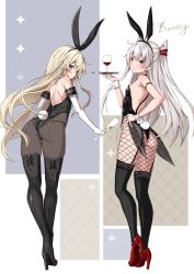 Rule 34 | 2girls, amatsukaze (kancolle), animal ears, black footwear, black leotard, black pantyhose, black thighhighs, blonde hair, blue eyes, blush, boots, brown eyes, cup, detached collar, elbow gloves, fake animal ears, full body, gloves, grey hair, hair between eyes, high heel boots, high heels, highres, holding, holding cup, holding tray, kantai collection, leotard, long hair, looking at viewer, looking back, multiple girls, pantyhose, parted lips, playboy bunny, rabbit ears, rabbit tail, red footwear, shimakaze (kancolle), tail, takanashi kei (hitsujikan), thigh boots, thighhighs, tray, two side up, white gloves