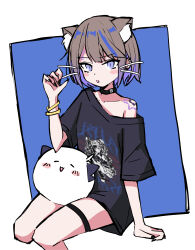 Rule 34 | 1girl, :o, absurdres, airi kanna, animal ear fluff, animal ears, armpit crease, belt, belt collar, black belt, black nails, black shirt, blue background, blue hair, blush, border, breasts, cat ears, collar, collarbone, colored inner hair, commentary request, dot nose, ear piercing, earrings, fang, feet out of frame, fingernails, forehead tattoo, gradient hair, grey hair, hand up, head tilt, highres, jewelry, long fingernails, looking at viewer, morphling (artist), multicolored hair, nail polish, open mouth, piercing, print shirt, purple eyes, purple hair, scales (airi kanna), shirt, short hair, short sleeves, shoulder tattoo, single off shoulder, sitting, small breasts, solo focus, stellive, streaked hair, stuffed toy, tattoo, thick eyelashes, thigh strap, thighs, three quarter view, virtual youtuber, white border, wristband