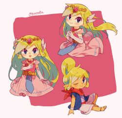 Rule 34 | 2girls, artist name, bandana, belt, blonde hair, blue jacket, blush, closed mouth, commentary request, dress, elbow gloves, floating hair, gem, gloves, hair ornament, hand up, highres, jacket, jewelry, long hair, looking at viewer, multiple girls, multiple views, necklace, nintendo, one eye closed, open clothes, open jacket, own hands together, pink background, pink dress, pink gemstone, pointy ears, princess zelda, purple eyes, purple shirt, red bandana, sandals, shirt, shorts, sidelocks, simple background, sitting, sleeveless, sleeveless dress, sleeveless jacket, smile, swept bangs, tetra, the legend of zelda, the legend of zelda: the wind waker, tiara, tokuura, toon zelda, twitter username, two-tone background, white background, white gloves, white shorts