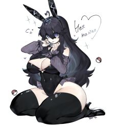 Rule 34 | 1girl, @ @, absurdres, ahoge, animal ears, bare hips, bare shoulders, black hair, black thighhighs, breasts, cleavage, creatures (company), embarrassed, fake animal ears, fake tail, game freak, gluteal fold, hex maniac (pokemon), high heels, highres, large breasts, leotard, long hair, looking at viewer, messy hair, navel, nintendo, playboy bunny, poke ball symbol, pokemon, pokemon xy, purple eyes, rabbit ears, rabbit tail, tail, thick thighs, thighhighs, thighs, togetoge, wide hips