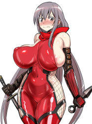 Rule 34 | &gt;:|, 1girl, 774 (nanashi), :|, areola slip, armor, bad id, bad pixiv id, bare shoulders, blush, breasts, bursting breasts, closed mouth, cosplay, covered erect nipples, covered navel, cowboy shot, curvy, dragon yukano, dual wielding, elbow gloves, embarrassed, fishnets, full-face blush, gauntlets, gloves, grey eyes, grey hair, holding, holding weapon, huge breasts, japanese armor, kote, kunai, long hair, looking at viewer, ninja, ninja slayer, no bra, nose blush, scarf, shiny clothes, sideboob, simple background, solo, sweatdrop, sword, taimanin (series), taimanin asagi, thick thighs, thighs, tri tails, unitard, v-shaped eyebrows, very long hair, wavy mouth, weapon, white background