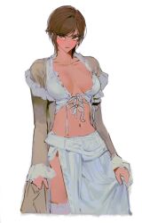 Rule 34 | 1girl, breasts, breasts apart, brown coat, brown hair, coat, cowboy shot, dark-skinned female, dark skin, dress, earrings, frilled sleeves, frills, highres, huyj cl, jewelry, juliet sleeves, limbus company, long hair, long sleeves, looking at viewer, navel, orange eyes, outis (project moon), project moon, puffy sleeves, shirt, short hair, side slit, simple background, solo, thighhighs, white background, white dress, white shirt, white thighhighs