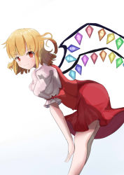 Rule 34 | &gt;:), 1girl, bad id, bad pixiv id, bare legs, bent over, blonde hair, blunt bangs, bow, closed mouth, crystal, demon wings, eyebrows, flandre scarlet, frilled sleeves, frills, from side, highres, looking at viewer, looking to the side, rainbow order, red bow, red eyes, red skirt, red vest, shirt, short hair, skirt, smile, solo, standing, tareme, touhou, v-shaped eyebrows, vest, white shirt, wings, xly 97