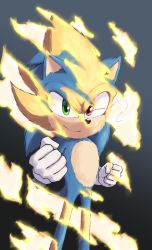Rule 34 | 1boy, absurdres, animal nose, clenched hands, closed mouth, furry, furry male, gloves, green eyes, highres, looking at viewer, male focus, red eyes, ryan (ritenichi), smile, solo, sonic (live action), sonic (series), sonic the hedgehog, sonic the hedgehog 2 (film), spoilers, standing, super sonic, transformation, white gloves